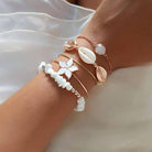 Elegant Set of 5 Bracelets - White and Gold Charm - Perla Aura